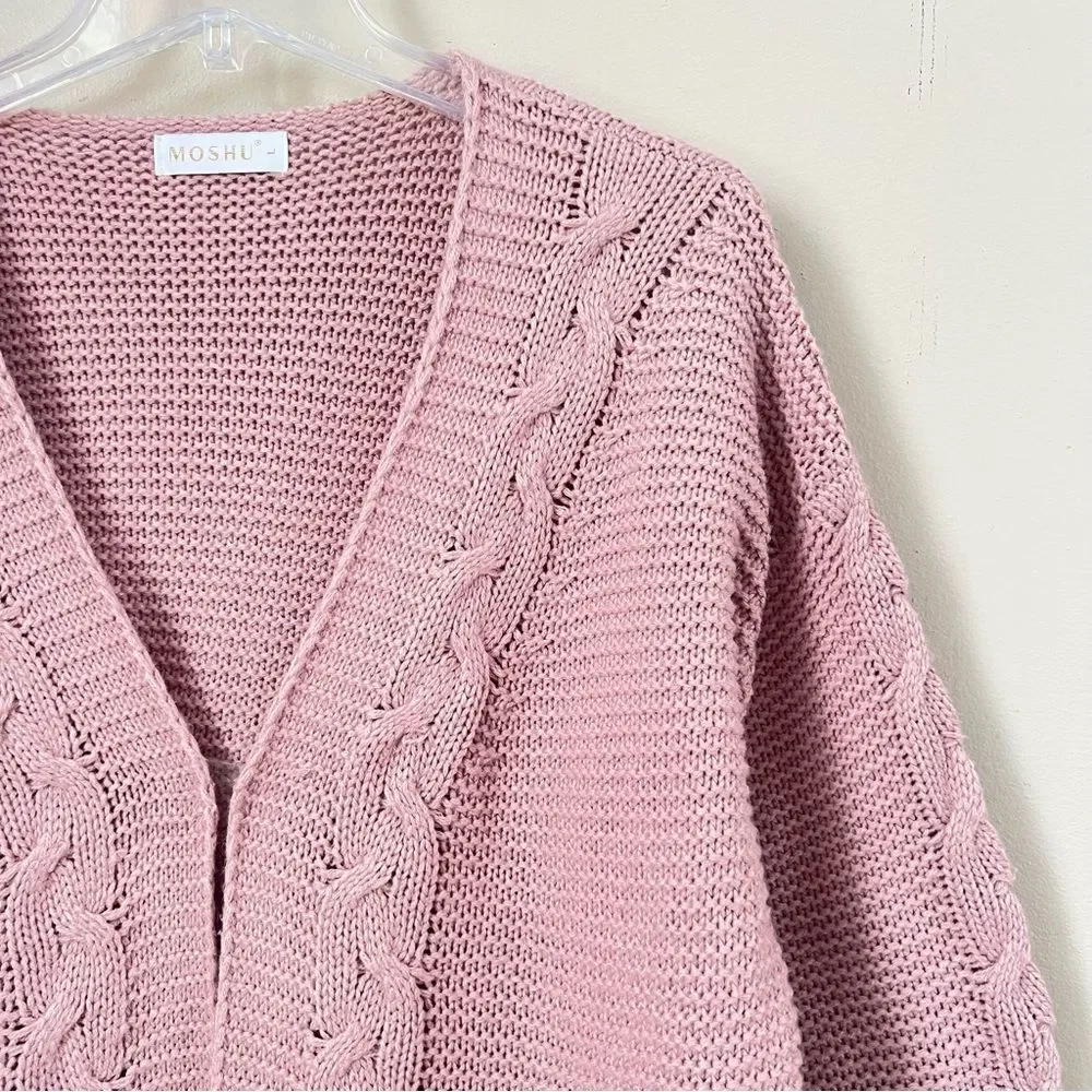 Moshu Pink Open Front Cable Knit Women's Sweater SZ Large - Picture 5 of 12